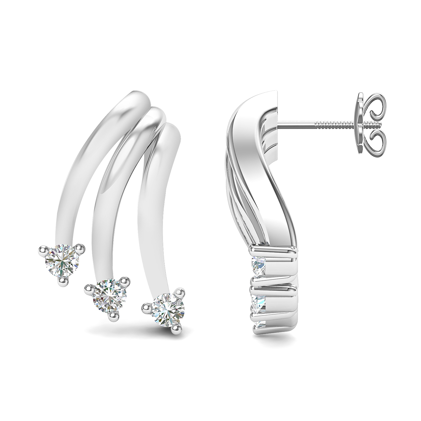 Triple Curve Solitaire Diamond Hoop Earrings